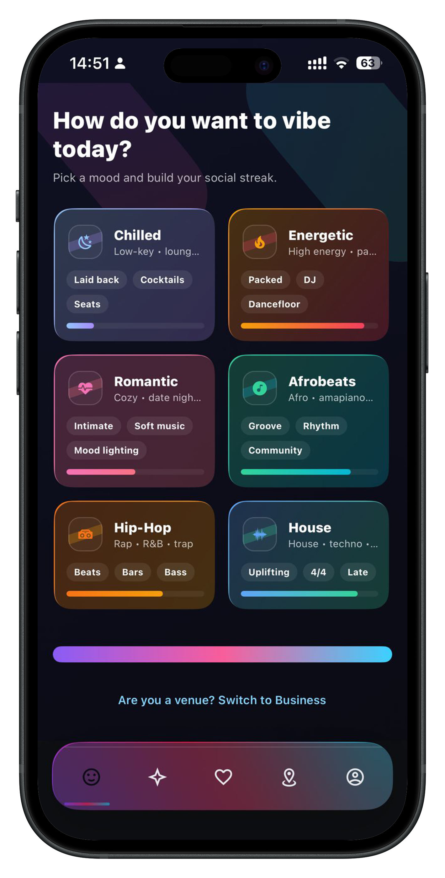 Vibez app home feed on iPhone simulator