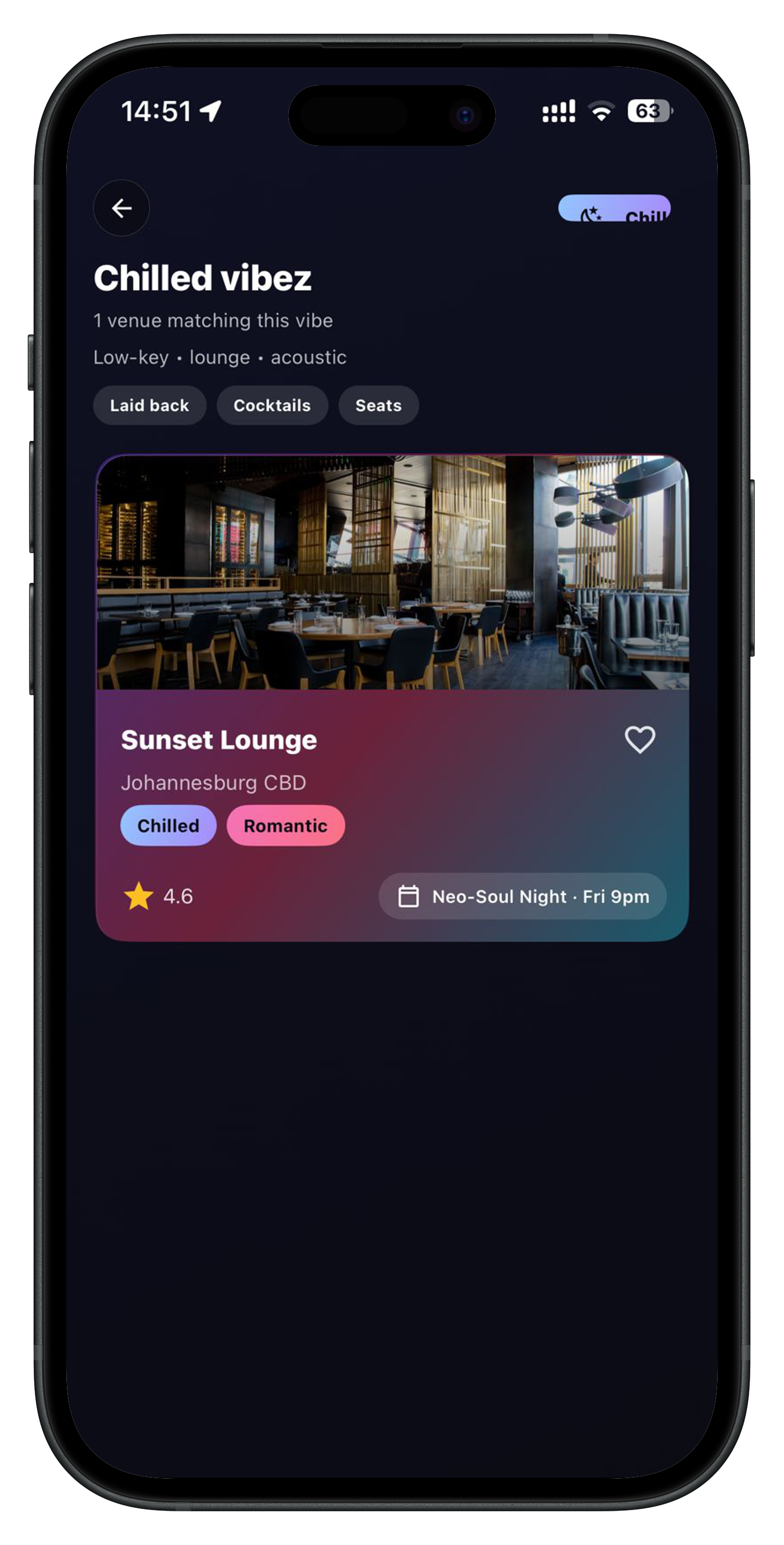 Vibez venue discovery screen on iPhone simulator